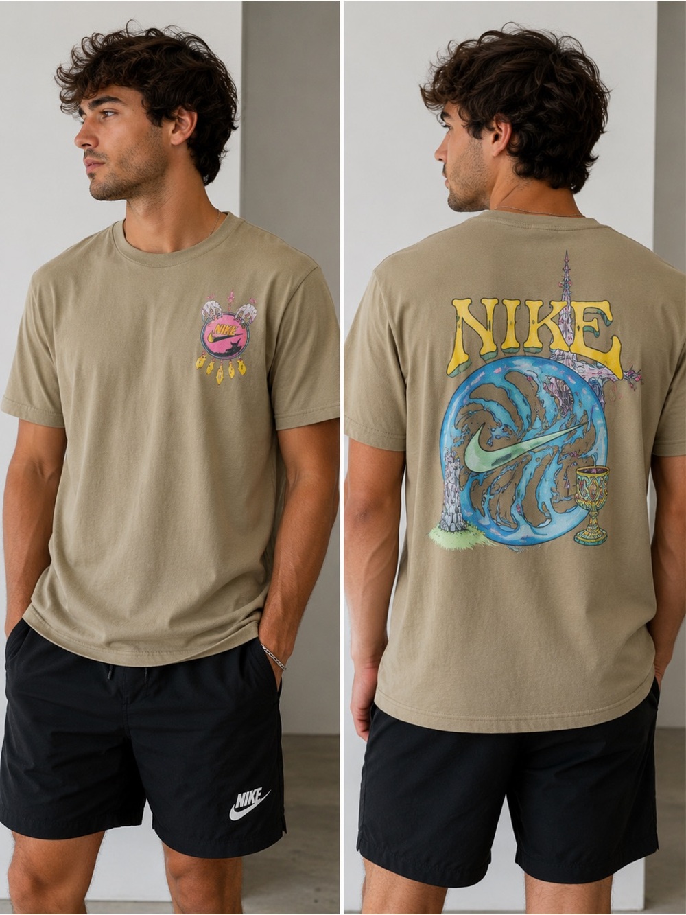 Nike Fantasy Graphic Tee Beige Tan Shirt Mens Small